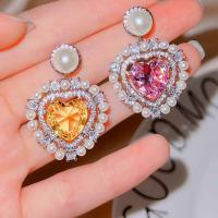 Rhinestone Brass Drop Earring, with Glass Rhinestone & Plastic Pearl, Heart, platinum color plated, fashion jewelry & for woman [