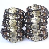 Cowhide Bracelets, Full Grain Cowhide Leather, with Wax Cord & Wood & Zinc Alloy, 12 Signs of the Zodiac, handmade, three layers & fashion jewelry & for woman, brown, 60mm cm [