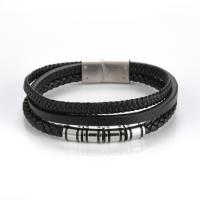 PU Leather Cord Bracelets, with 316L Stainless Steel, handmade, three layers & fashion jewelry & Unisex, black cm [