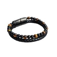 Cowhide Bracelets, Split Layer Cowhide Leather, with Magnet & Tiger Eye & 316L Stainless Steel, handmade, Double Layer & fashion jewelry & Unisex 