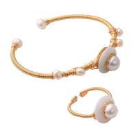 Brass Freshwater Pearl Jewelry Sets, cuff bangle & finger ring, with Freshwater Pearl, gold color plated, fashion jewelry & for woman, two different colored, Braceletsuff1a58mm,The mm 