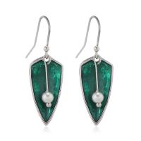 Plastic Pearl Zinc Alloy Earring, with Plastic Pearl, Leaf, silver color plated, fashion jewelry & for woman & enamel, green 