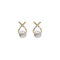 Cubic Zirconia Micro Pave Brass Earring, with Plastic Pearl, gold color plated, fashion jewelry & micro pave cubic zirconia & for woman, white [