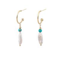 Freshwater Pearl Brass Earring, with turquoise & Freshwater Pearl, gold color plated, fashion jewelry & for woman, two different colored [