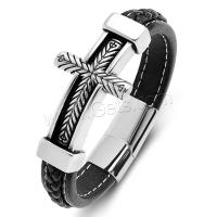 PU Leather Cord Bracelets, with 316L Stainless Steel, Cross, punk style & for man [