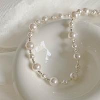 Sterling Silver Jewelry Necklace, 925 Sterling Silver, with Glass Pearl, silver color plated, fashion jewelry & for woman Approx 15.7 Inch [