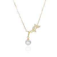 Cubic Zircon Micro Pave Sterling Silver Necklace, 925 Sterling Silver, with Shell Pearl, with 2inch extender chain, Mermaid tail, plated, oval chain & micro pave cubic zirconia & for woman Approx 15.7 Inch 