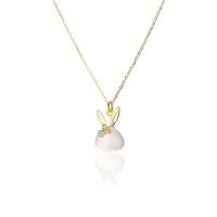Cubic Zircon Micro Pave Sterling Silver Necklace, 925 Sterling Silver, with White Chalcedony, with 1.2inch extender chain, Rabbit, plated, oval chain & micro pave cubic zirconia & for woman Approx 15.4 Inch [