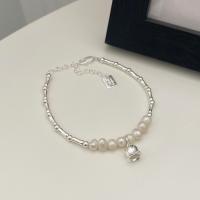 Pearl Sterling Silver Bracelets, Argent sterling 925, avec perle d'eau douce cultivée, avec 2inch chaînes de rallonge, fleur, Placage de couleur argentée, bijoux de mode & pour femme Environ 5.9 pouce, Vendu par PC[