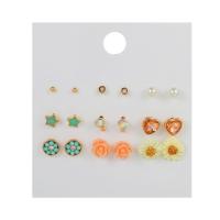 Zinc Alloy Rhinestone Stud Earring, with Resin & Plastic Pearl, plated, 9 pieces & fashion jewelry & for woman & with rhinestone, multi-colored [