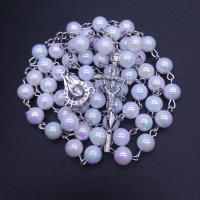 Rosary Necklace, plastique, avec alliage de zinc, croix, Placage de couleur argentée, bijoux de mode & unisexe & perle, blanc, 8mm  Environ 84 cm, Vendu par PC