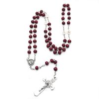 Rosary Necklace, Pine, with Zinc Alloy, Cross, silver color plated, fashion jewelry & Unisex & pearlized, red   Approx 49.7 cm 