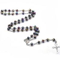 Rosary Necklace, Crystal, with Zinc Alloy, Cross, silver color plated, fashion jewelry & Unisex, multi-colored   Approx 86 cm 