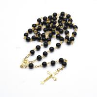 Rosary Necklace, Glass Beads, with Plastic Box & Zinc Alloy, Cross, gold color plated, fashion jewelry & Unisex, black 18mm Approx 50 cm [