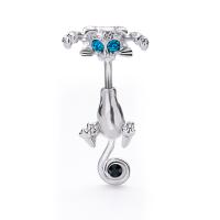 Stainless Steel Belly Ring, 316L Stainless Steel, with Zinc Alloy, Cat, plated, for woman & with rhinestone [