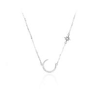 Cubic Zircon Micro Pave Sterling Silver Necklace, 925 Sterling Silver, with 2inch extender chain, Moon, plated, cross chain & micro pave cubic zirconia & for woman Approx 15.7 Inch [