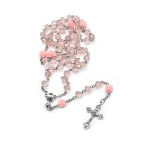 Rosary Necklace, Crystal, with Plastic Box & Resin & Zinc Alloy, Cross, silver color plated, fashion jewelry & Unisex, Lt Rose  Approx 50 cm 