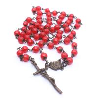 Rosary Necklace, Des billes de verre, avec alliage de zinc, croix, Plaqué de couleur de cuivre antique, bijoux de mode & unisexe, rouge  Environ 88 cm, Vendu par PC