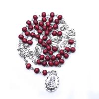 Rosary Necklace, Wood, with Zinc Alloy, Flat Oval, silver color plated, fashion jewelry & Unisex, red  6mm Approx 48 cm 