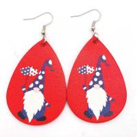 Christmas Earrings, PU Leather, with Iron, Teardrop, printing, Christmas Design & fashion jewelry & for woman, red [