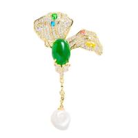 Cubic Zirconia Brooch, Brass, with Chalcedony & Plastic Pearl, gold color plated, fashion jewelry & micro pave cubic zirconia & for woman [