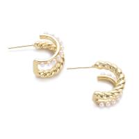Brass Stud Earring, with Plastic Pearl, real gold plated, for woman, golden [