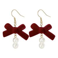 Plastic Pearl Zinc Alloy Earring, with Flocking Fabric & Plastic Pearl & Acrylic, Bowknot, gold color plated, fashion jewelry & for woman 
