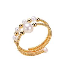 Kultivierten Süßwasser Perle Ring, Messing, mit Natürliche kultivierte Süßwasserperlen, 14 K vergoldet, Einstellbar & Modeschmuck & für Frau, goldfarben, 3-4mm,4-5mm, verkauft von PC