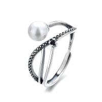 Pearl Sterling Silver Finger Ring, 925 Sterling Silver, with Plastic Pearl, Antique finish, fashion jewelry & for woman, 12mm [