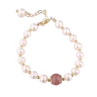 Zinc Alloy Pearl Bracelets, Freshwater Pearl, with Strawberry Quartz & Zinc Alloy, gold color plated, fashion jewelry & for woman, two different colored cm [