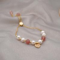Cultured Freshwater Pearl Brass Bracelet, with Freshwater Pearl & Strawberry Quartz, real gold plated, fashion jewelry & for woman, two different colored, 7mm cm [