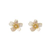 Brass Earring Clip, with Shell & Zinc Alloy, Flower, gold color plated, fashion jewelry & micro pave cubic zirconia & for woman [