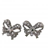 Zinc Alloy Clip Earring, with Plastic Pearl, Bowknot, plated, micro pave cubic zirconia & for woman, silver color 