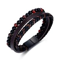 Stainless Steel Chain Bracelets, 304 Stainless Steel, with Synthetic Leather & Red Tiger Eye Stone & Agate, handmade, fashion jewelry & multilayer & for man, 12.5mm Approx 21 cm 