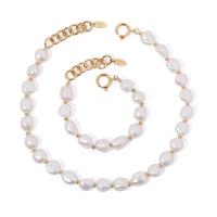 Brass Freshwater Pearl Jewelry Sets, bracelet & necklace, with Freshwater Pearl, with 4.5cm extender chain, gold color plated, fashion jewelry & for woman, two different colored 32cm 17cm [