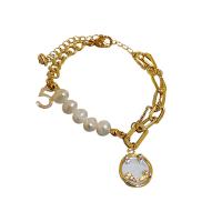 Zinc Alloy Pearl Bracelets, with Titanium Steel & Shell & Freshwater Pearl, Vacuum Ion Plating, fashion jewelry & for woman & with rhinestone .8 cm 