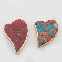 Impression Jasper Pendants, with Brass, Heart, gold color plated, DIY [