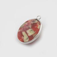 Impression Jasper Pendants, with Brass, Oval, silver color plated, DIY, mixed colors [