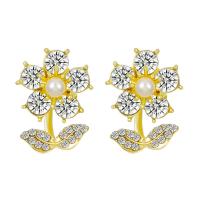 Plastic Pearl Zinc Alloy Earring, with Plastic Pearl, Flower, plated, fashion jewelry & micro pave cubic zirconia & for woman 