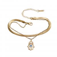 Evil Eye Jewelry Bracelet, Titanium Steel, with 2inch extender chain, Evil Eye Hamsa, gold color plated, Double Layer & for woman & enamel Approx 6.3 Inch 