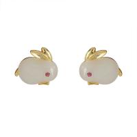 Gemstone Stud Earring, Brass, with Jade, Rabbit, gold color plated, fashion jewelry & for woman, white 