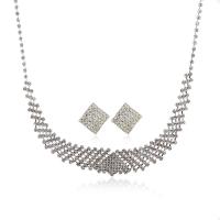 Rhinestone Zinc Alloy Jewelry Set, Stud Earring & necklace, with 14cm extender chain, silver color plated, for woman & with rhinestone, 1.8cm,2cm cm 
