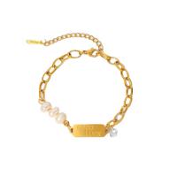 Cultured Freshwater Pearl Bracelets, 304 Stainless Steel, with Freshwater Pearl, with 1.7inch extender chain, 18K gold plated, fashion jewelry & for woman, golden, 7.97mm Approx 6.7 Inch 