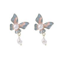 Plastic Pearl Zinc Alloy Earring, with Plastic Pearl, Butterfly, gold color plated, for woman & enamel 