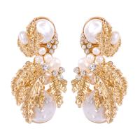 Plastic Pearl Zinc Alloy Earring, with Plastic Pearl, Leaf, gold color plated, for woman & with rhinestone 