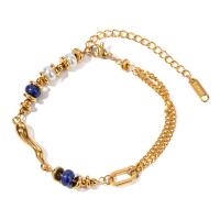 Naturelle Lapis Lazuli Bracelet, Acier inoxydable 304, avec Lapis lazuli & perle de verre, avec 2.17inch chaînes de rallonge, Placage ionique sous vide, bijoux de mode & pour femme, doré Environ 6.69 pouce, Vendu par brin
