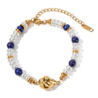 Natural Lapis Lazuli Bracelet, 304 Stainless Steel, with Lapis Lazuli & Glass Pearl, with 2.17inch extender chain, 18K gold plated, fashion jewelry & for woman, golden Approx 7.09 Inch [