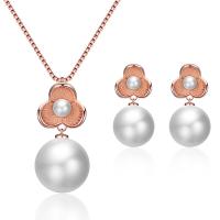 Rhinestone Zinc Alloy Jewelry Set, earring & necklace, with Plastic Pearl, rose gold color plated, 2 pieces & for woman & with rhinestone, rose gold color, 23*12mm Approx 15.75 Inch [