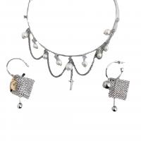 Rhinestone Zinc Alloy Jewelry Set, with Plastic Pearl, plated & micro pave rhinestone & for woman, silver color [