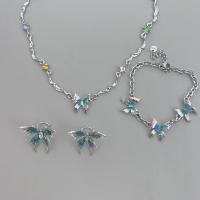 Rhinestone Zinc Alloy Jewelry Set, Butterfly, plated & micro pave rhinestone & for woman & enamel, silver color [